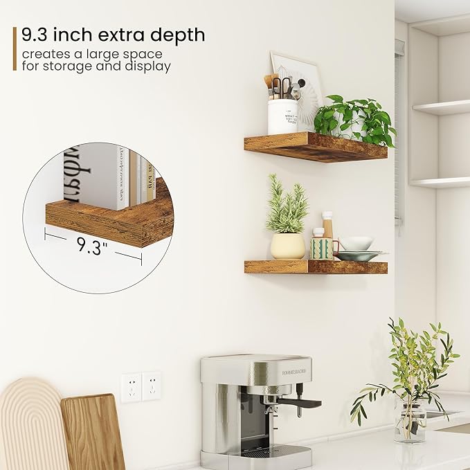 Deep Floating Shelves - 16" W x 9.3" D x 1.6" H Rustic Brown Wall Shelf - Wall Mounted Shelves for Decor & Storage - Wooden Shelves with Invisible Brackets for Living Room, Kitchen - Set of 2