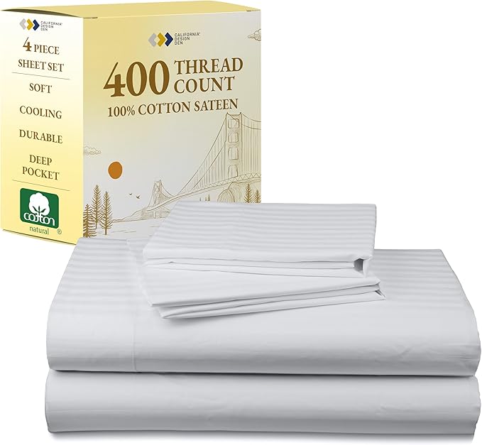 California Design Den Striped Full Size Bed Sheets Set - Soft 400 Thread Count Sateen, Natural 100% Cotton Sheets Set with Deep Pockets, Breathable, Cooling and Durable Bedding - Striped White