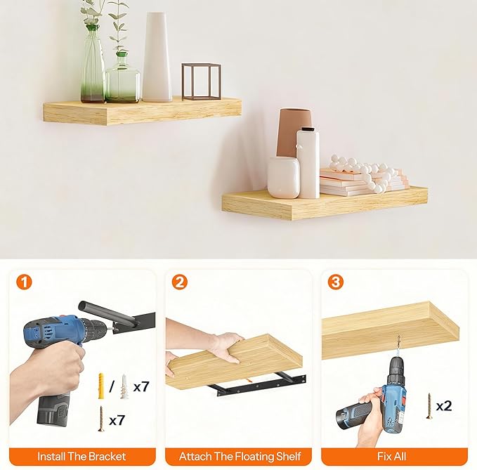 HOOBRO Floating Shelves for Wall, Wall Mounted Shelf Set of 2, 15.7" Hanging Shelf with Invisible Brackets, for Wall in Bathroom, Bedroom, Toilet, Kitchen, Living Room, Office, Natural NL40BJ01