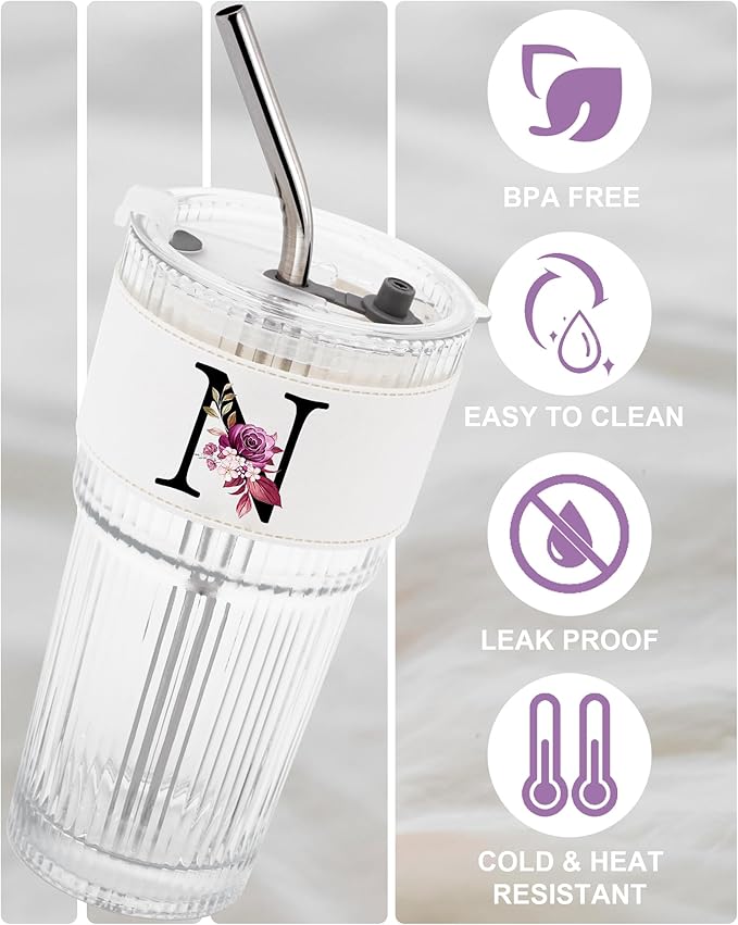 Monogram Glass Cup with Lid Straw Ribbed Ice Tea Coffee Matcha Latte Clear Tumbler Regalos Mujer Vasos Vidrio Day Mama Mother Mommy Bonus Best Mom Ever Asthetic Special Custom Gift Personalized N