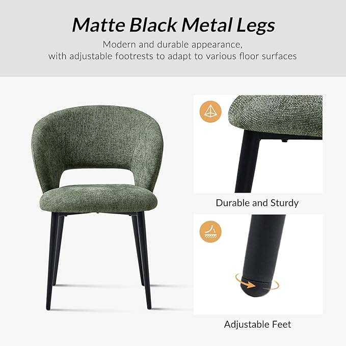 Contemporary Dining Chairs with Armrests – Ergonomic Soft-Padded Seat, Curved Backrest, Matte Black Metal Legs, Comfortable Kitchen & Dining Room Chairs, Set of 4