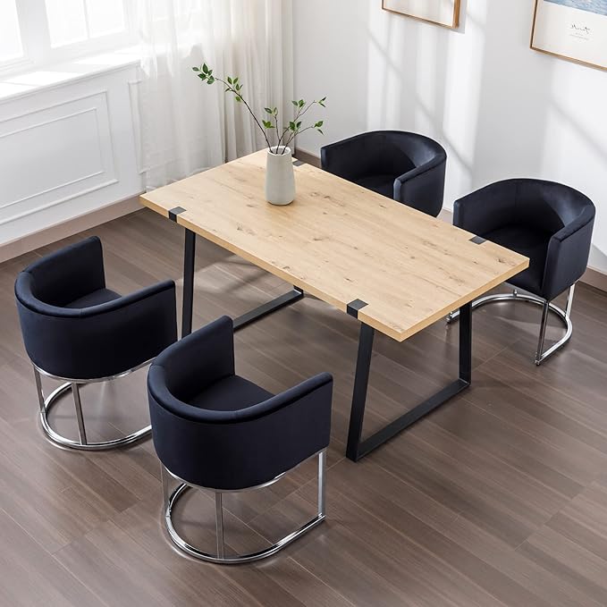 Velvet Dining Chairs Set of 8 Modern Barrel Arm Chairs with Chrome Metal Frame, Upholstered Kitchen Chairs 18.5" Wide Accent Chairs for Living Room Dining Room Restaurant, Black