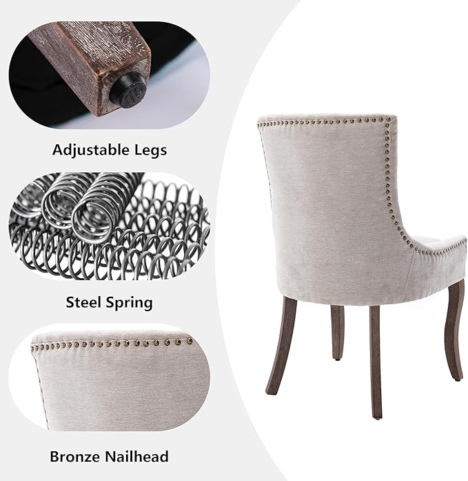 Farmhouse Dining Chairs Set of 4, Upholstered Fabric Dining Room Accent Chairs with Wood Legs & Bronze Nailhead, High Wingback Kitchen Chairs for Living Room Hotel Apartment, Beige