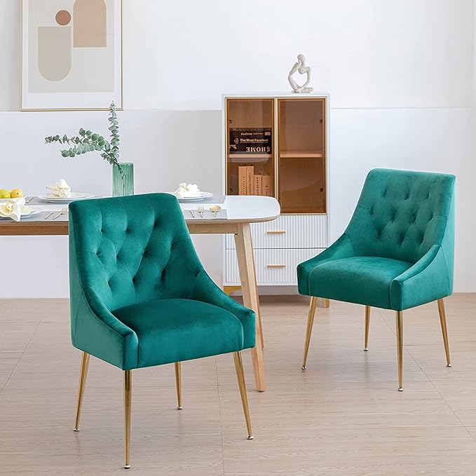 Modern Dining Chairs Set of 4, Mid Century With 5.12" Cushions and Golden Legs, Velvet Upholstered With Back Pull Rod, for Kitchen, Living Room (Green)