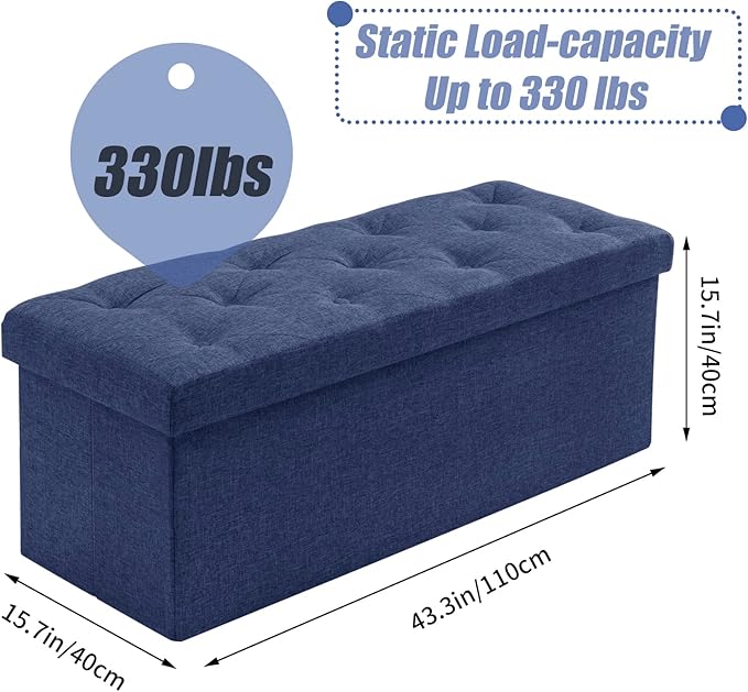 BRIAN & DANY 43 Inches Ottoman with Storage, Linen Storage Ottoman Bench, End of Bed Benches, Folding Ottomans for Bedroom, Living Room and Entryway (Blue)