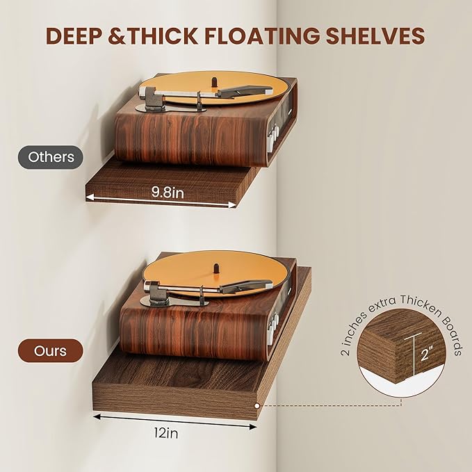 Vivelove Farmhouse Floating Shelves for Wall 12 Inch Deep, 36" X 12" X 2" Floating Shelf, 2 Inch Thick Shelf for Living Room Bathroom Bedroom Kitchen, Rustic Farmhouse Decor Set of 2, Walnut