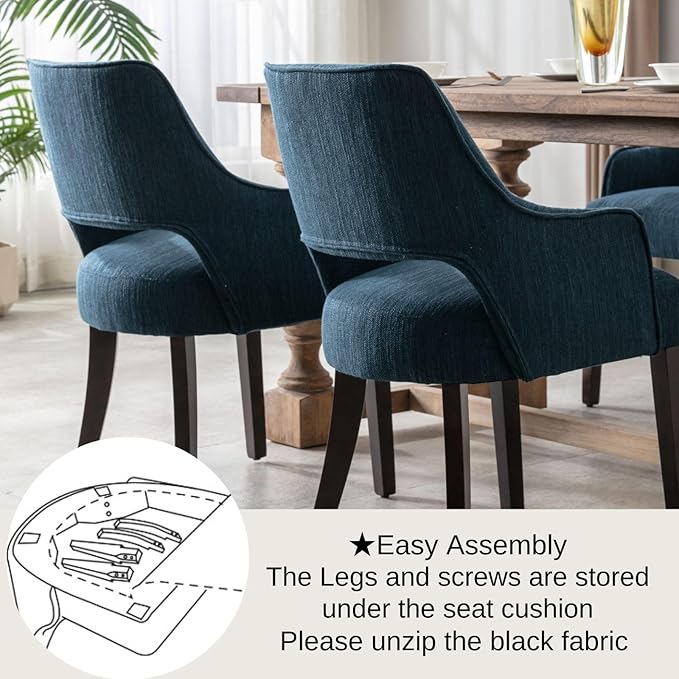 Linen Dining Chairs Set of 6 Upholstered Farmhouse Kitchen Chair with Arms Accent Chairs Side Chair with Wood Legs for Living Room/Dining Room/Bedroom/Restaurant, Blue