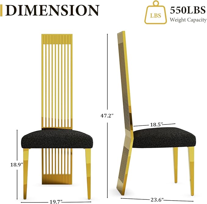 Luxury Black and Gold Dining Chairs, Upholstered Dining Room Chairs with Polished Metal Legs and Backrest, Set of 8