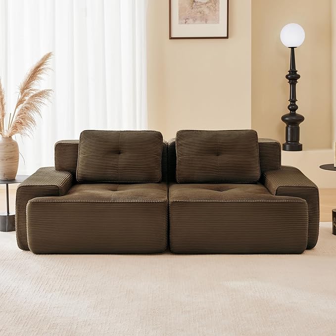 80" Modern Compressed Boneless Love Seat Couches, 2 Seater Large Sectional Couches for Living Room, Brown Corduroy Cloud Modular Sectional Sofa, Memory Foam, Extra Deep Loveseat, No Assembly