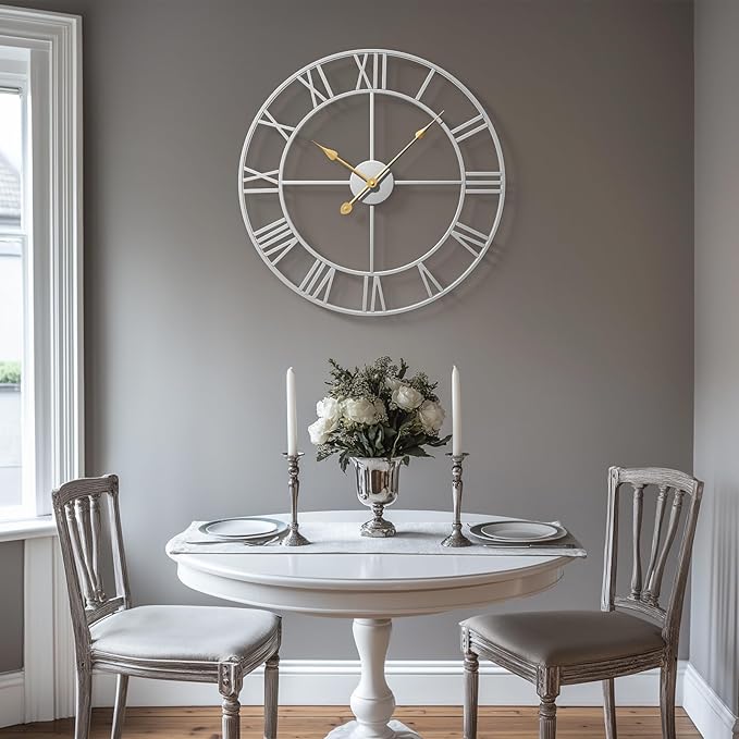 Cuspin 20 Inch Wall Clock Large Silver Decorative Clocks, Modern Metal Round Wall Clock Battery-Operated Roman Numerals for Living Room Bedroom, Kitchen, Office Decor