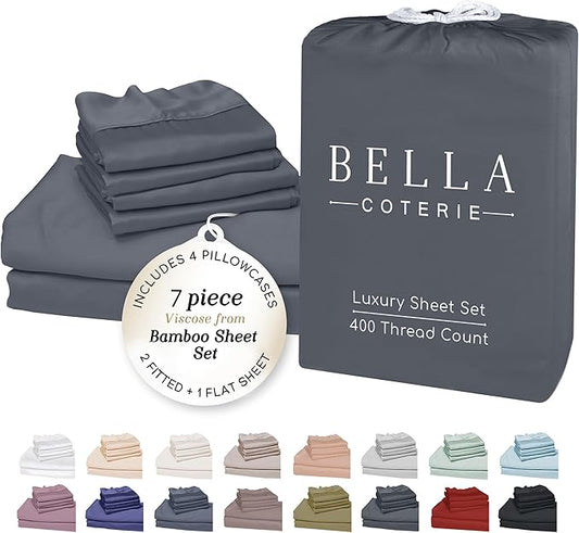 Bella Coterie 7 Piece Luxury Bamboo Viscose Split King Size Sheet Set | 2 Fitted Sheets for Adjustable Beds | 100% Organically Grown | Cooling for Hot Sleepers | 4 Pillowcases [Charcoal Grey]
