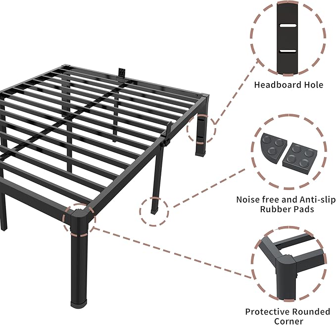 ROIL 20 Inch Full Size Bed Frame with Rounded Corner and Headboard Hole Mattress Retainers 3500LBS Metal Heavy Duty Steel Slats No Box Spring Needed Platform Noise-Free Easy Assembly
