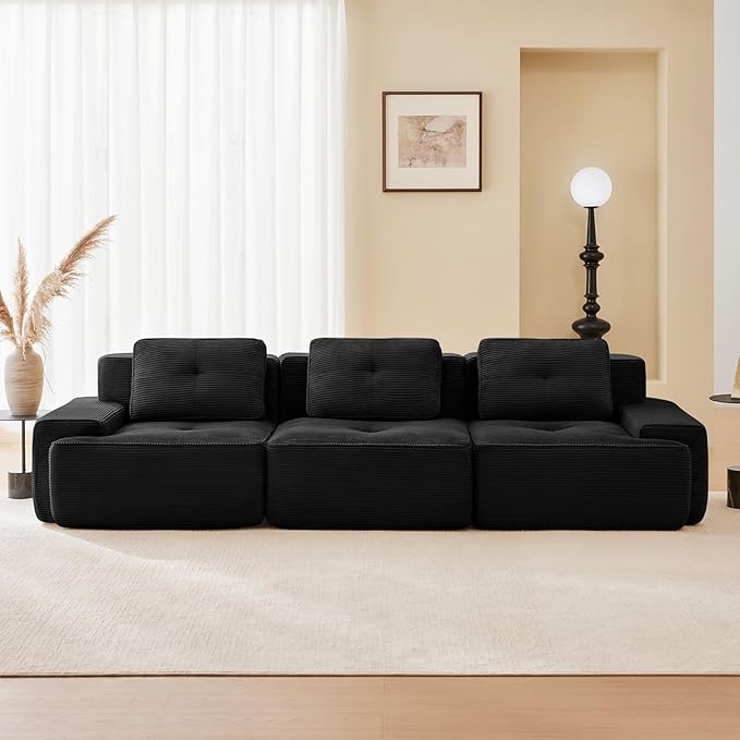 115" Modern Compressed Boneless Couch, 3 Seater Sectional Couches for Living Room, Black Corduroy Cloud Modular Sectional Sofa, Comfy Memory Foam, Extra Deep, Sofas para Sala, No Assembly