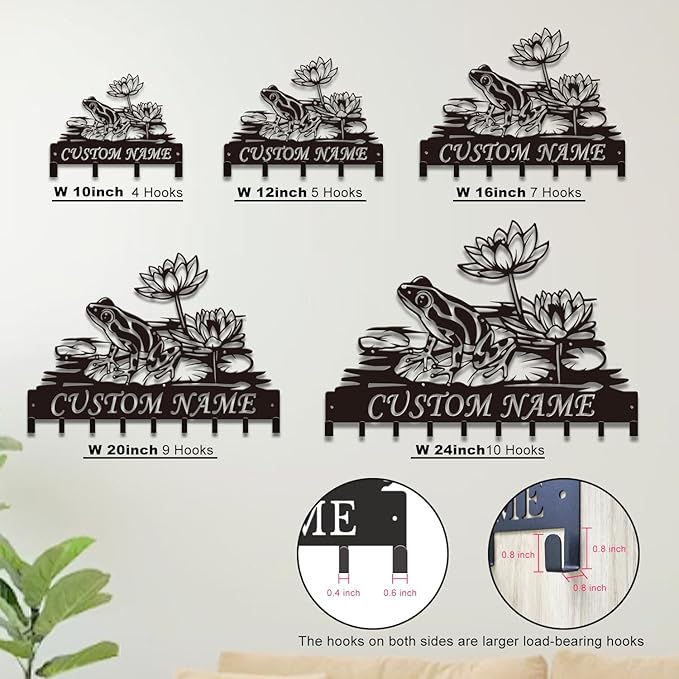 Custom Frog Key Holder for Wall Entryway, Personalized Metal Name Sign with Hooks Coat Rack & Dog Leash Holder, Decorative Wall Hanger Organizer (Style-2)