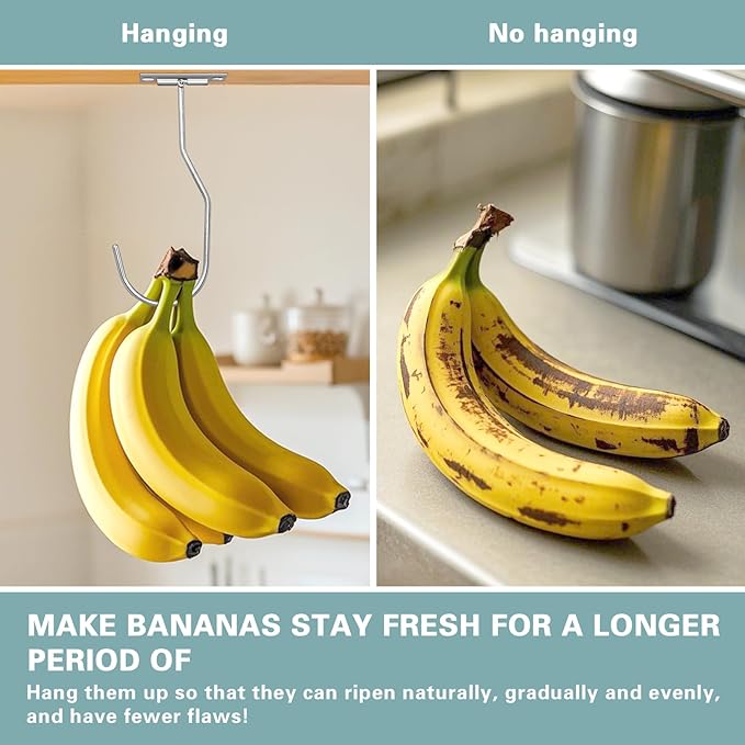 Banana Hanger Hook – Space Saving Banana Holder Hanger to Keep Bananas Fresh, Self Adhesive and Screw Banana Hook 1Pack Silver