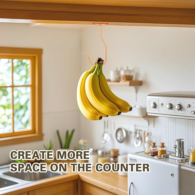 Banana Hanger Hook – Space Saving Banana Holder Hanger to Keep Bananas Fresh, Self Adhesive and Screw Banana Hook 2Pack Rose Gold
