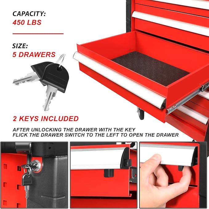 DNA MOTORING 5-Drawer Rolling Tools Chest, Rolling Tool Storage Cabinet, Mechanic Tool Cart, Trolley Organizer for Garage, Warehouse, Workshop, w/ Keys, Red, Upgrade Package, TOOLS-00001