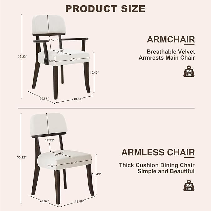 Modern Wood Dining Chairs Set of 6, Velvet Upholstered Kitchen Chairs with Open Curved Backrest & Black Hardwood Legs for Vanity, Living Room, 350 LBS Capacity, White