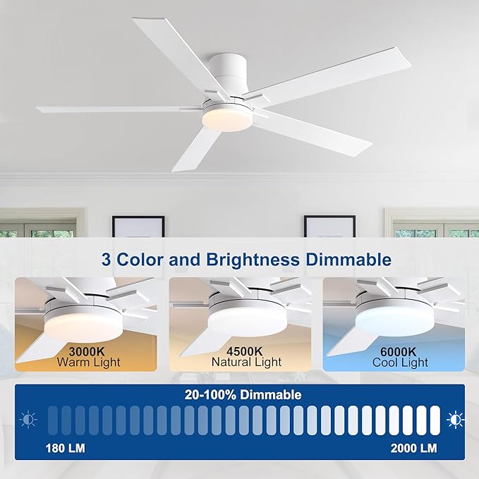 Rayqueen 60 Inch Ceiling Fans with Lights and Remote,Flush Mount White Ceiling Fan, 6 Speed Reversible DC Motor, 3CCT Dimmable LED-Low Profile Design for Bedroom, Living room & Covered Outdoor
