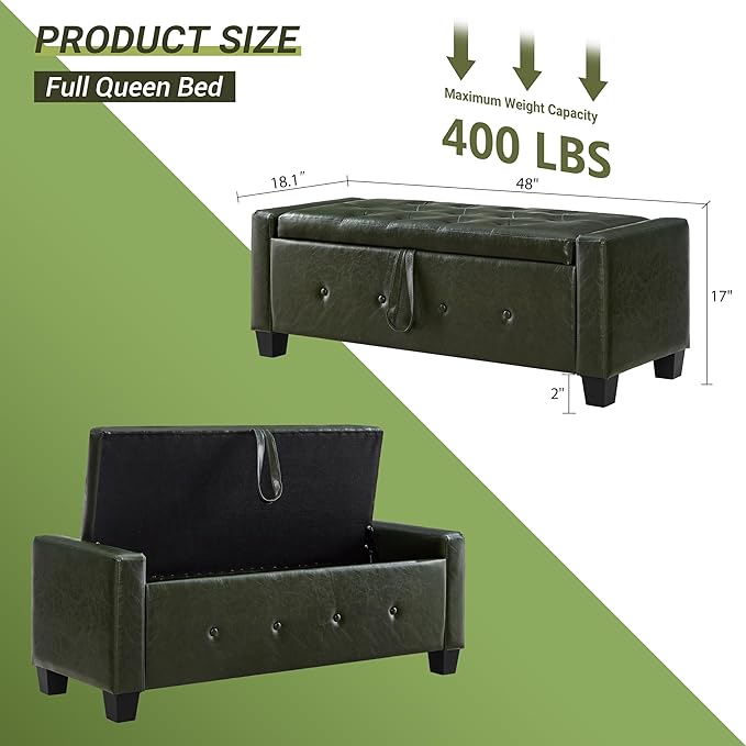 48" Faux Leather Ottoman with Storage, Tufted Storage Ottoman Bench with Safety Hinge, Rectangular Extra Long Bench for Bedroom, Living Room, Entryway and Window, Green