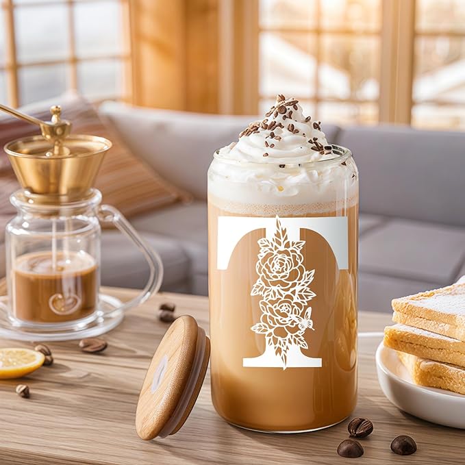 DWTS DANWEITESI Birthday Gifts for Women: Initial Glass Cup as Office Graduation Memorial Holiday Personalized Gifts - for Husband Aunt Uncle Teen Boy Employee Coworkers Him and Her - T Aesthetic Cup