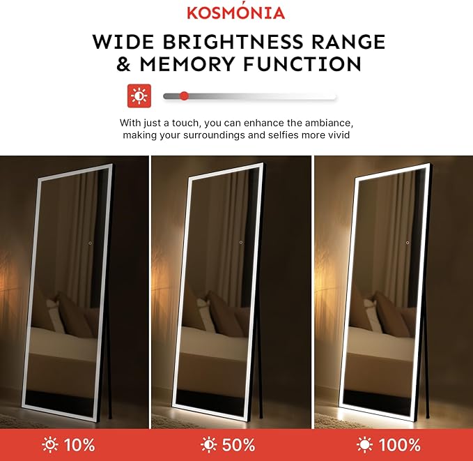 Kosmonia 58"x18" Full Length LED Mirror with Lights, 3 Color Modes & Dimmable Brightness, Wall Mount/Standing/Lean-On Floor Mirror for Bedroom, Vanity, Dressing Room