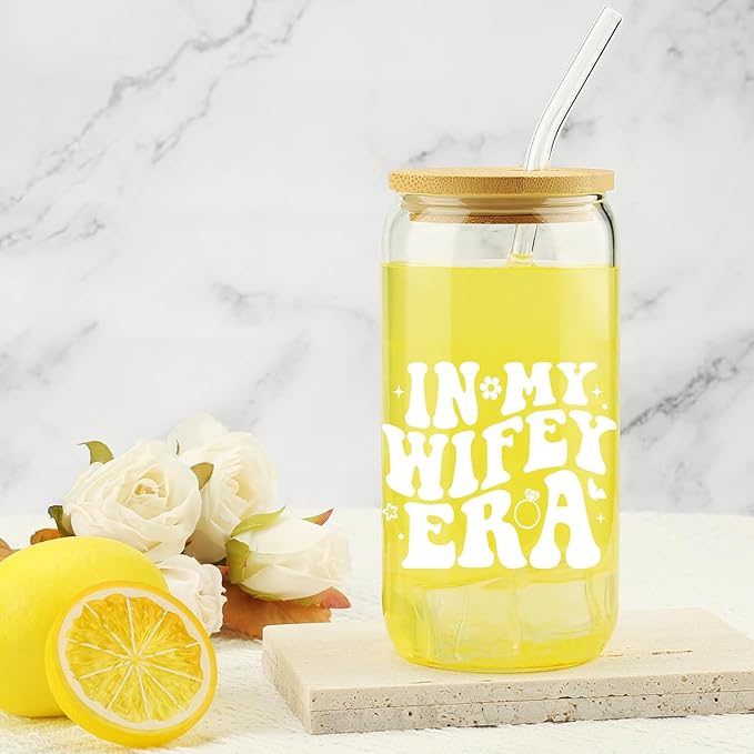 New Wifey Gifts, Bride Wedding Gift, Bridal Shower Gifts, Newlywed Present for Friend, Bride to Be Gift Idea, In My Wifey Era Ice Coffee Cup, Newly Married, Wife Present, 16OZ Glass Cup w/ Lid & Straw