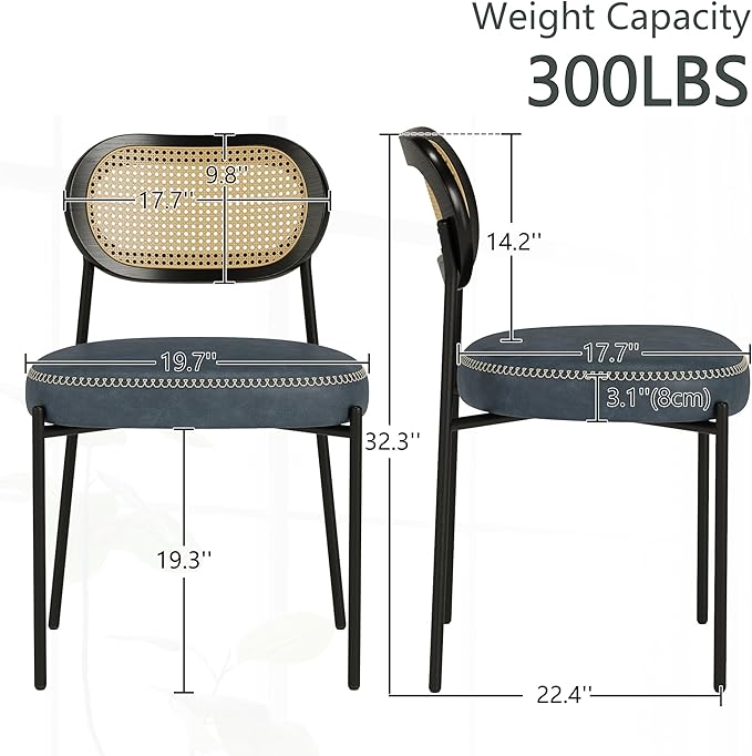 Rattan Dining Chairs Set of 6, Blue Leather Upholstered Dining Chairs with Rattan Cane Back, Mid Century Modern Dining Room Chairs with Black Metal Legs & D-Shaped Thicken Cushion, Blue