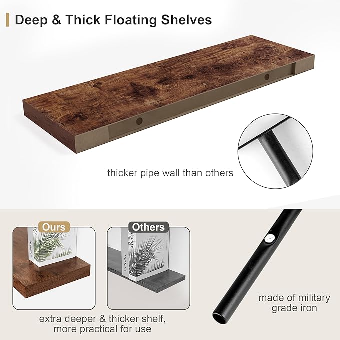 Heimlove 12" Deep Floating Shelves for Wall Shelf Over Toilet Wall Mounted Farmhouse Long 55 inches Set of 1, Farmhouse Shelves with Invisible Brackets for Living Room, Kitchen, Bedroom,Rustic Brown