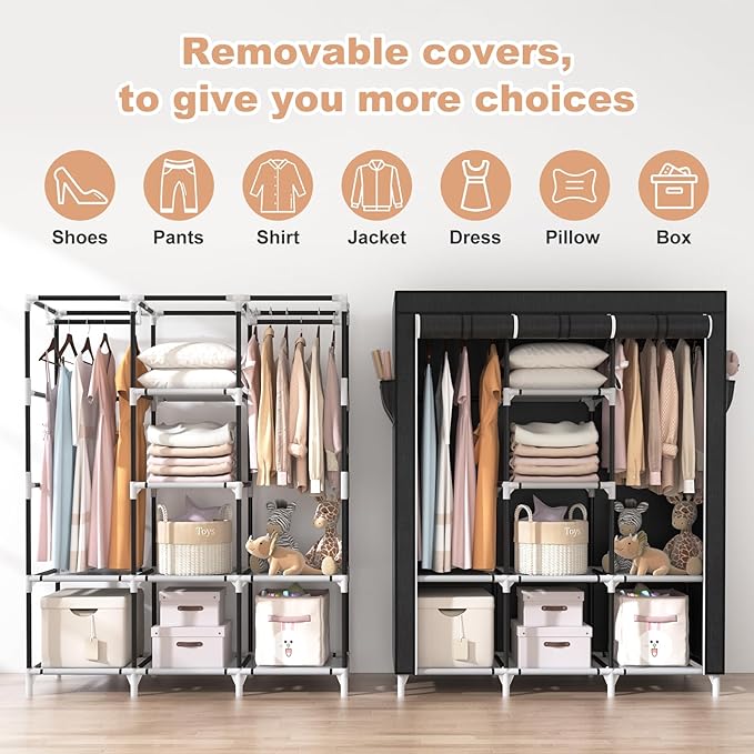 VTRIN Portable Closet, Large Capacity Portable Wardrobe with 2 Hanging Rods and 8 Storage Shelves, Sturdy Free Standing Closet Wardrobe for Hanging Clothes with Side Pockets, Black