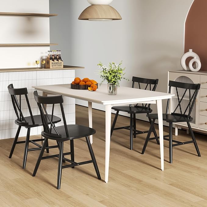 Giantex Windsor Dining Chairs Set of 2, Farmhouse Wooden Kitchen Chairs w/Cross Back, Wide Seat, Rubber Wood Frame, Armless Side Chairs for Kitchen, Dining Room, Living Room, Restaurant, Black