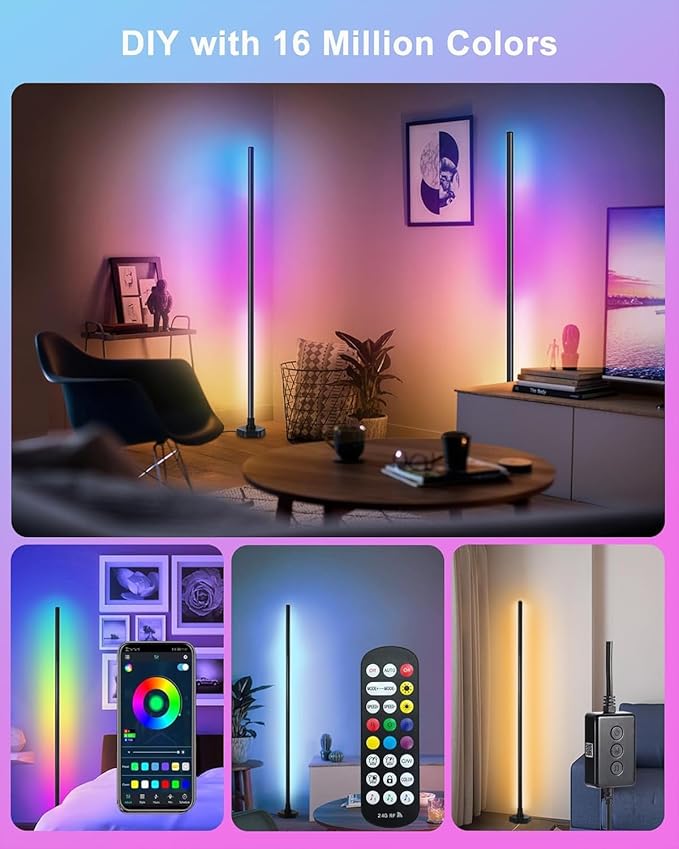 Corner Floor Lamp RGBW, LED Floor Lamp with APP, IF Remote Control, Music Sync, Timer and 16 Million DIY Colors, Smart Corner Light for Gaming Rooms Bedrooms