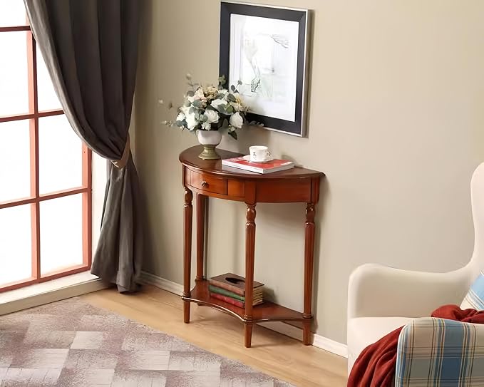 Solid Wood Console Table with Drawer, Semi-Circle Entryway Storage Shelf, Half-Moon Porch Table Side Elegant Vintage Sofa for Living Room (35.4" L x 15.0" W x 34.4" H)