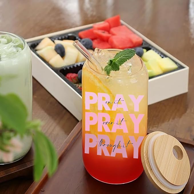 Pray It Pray Over It 16oz Prayer Glass Cup with Lid, Straw & Inspirational Quote for Christian Women & Cancer Care Gifts