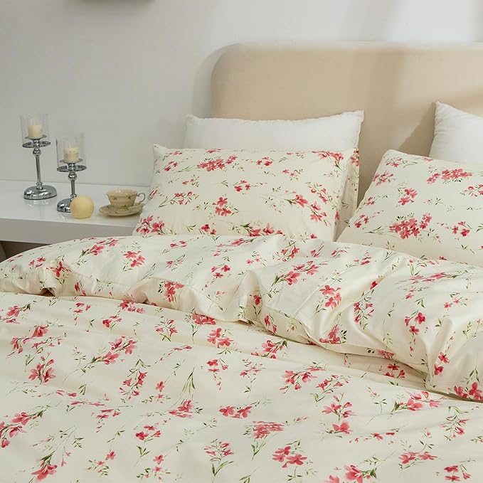 Full Floral Comforter Set Soft Cute Floral Bedding Comforter Sets Garden Style Red Flower Print Botanical Flowers Comforter Set for All Seasons 1 Comforter and 2 Pillowcases