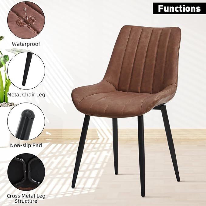 Dining Chairs Set of 6, Faux Leather Modern Linear Design Dining Chair with Metal Legs, 16.9" Seat Width Chair for Kitchen, Lounge, Reception Room, Restaurant, Commercial (Brown)
