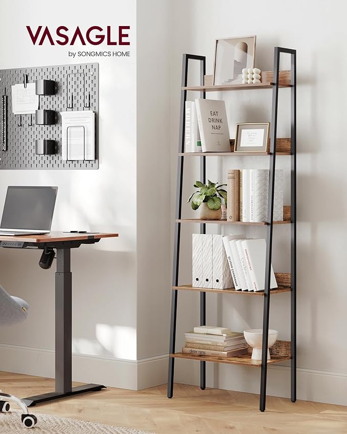 VASAGLE Bookshelf, 5-Tier Narrow Book Shelf, 11.8 x 23.6 x 66.9 Inches, Ladder Shelf for Home Office, Living Room, Bedroom, Kitchen, Rustic Brown and Ink Black ULLS067B01
