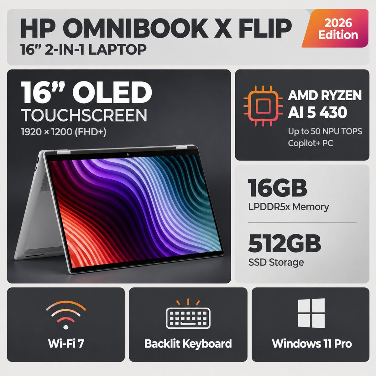 HP OmniBook X Flip Laptop 2-in-1, 16" 2K OLED Touchscreen, Ryzen AI 5 430