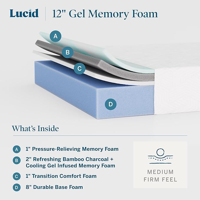 Lucid 12 Inch Memory Foam Mattress - Medium Firm Feel - Infused with Refreshing Bamboo Charcoal and Cooling Gel - Bed in a Box - Temperature Regulating - Pressure Relief - Breathable - King Size