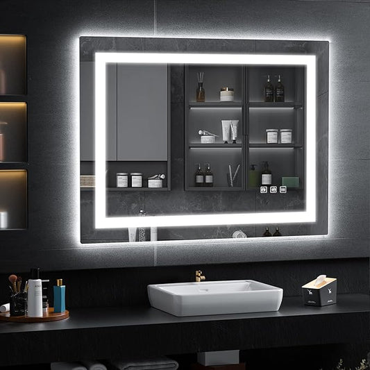 LED Mirror for Bathroom, 40x32 Inch Backlit + Front Lighted Bathroom Vanity Mirror with Lights for Wall, Double Light Strips, 3 Colors, Shatter-Proof, Anti-Fog and Brightness Memory