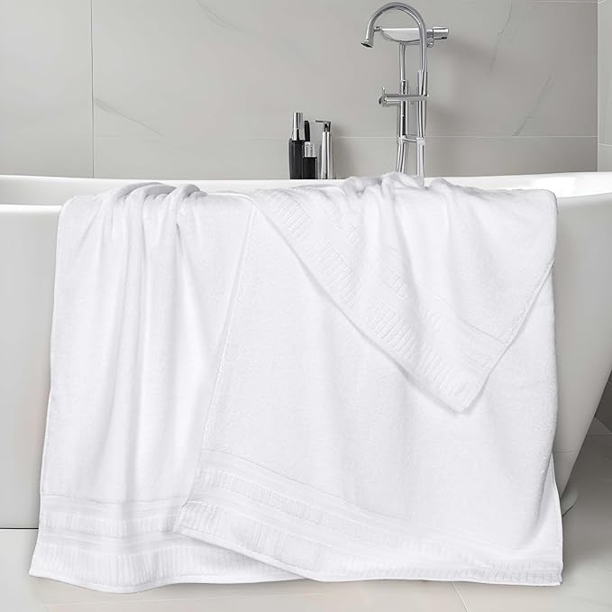 Superior Venice Zero Twist Cotton Medium Weight Bath Sheets, for Guest Bath, Bathroom, Shower, Spa, Plush Towels, Essentials, Ribbed Textured Border, Oversized Towels, Set of 2, White