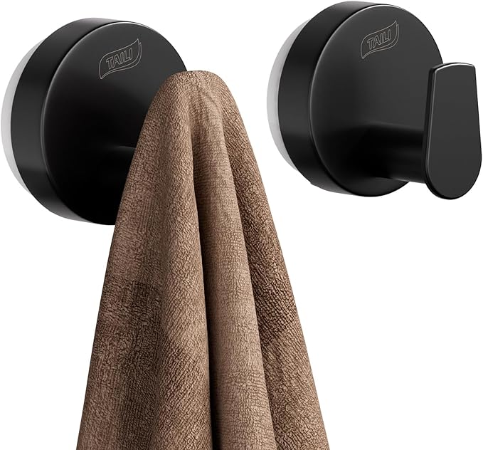TAILI Stylish 304 Stainless Steel Bathroom Suction Hooks for Towel, Bathrobe, Loofah, No Damage Hanging Glass Shower Wall Hook, Patented Strong Suction Cup Holder, Hold Up to 11 Lbs, A-Cylinder Black