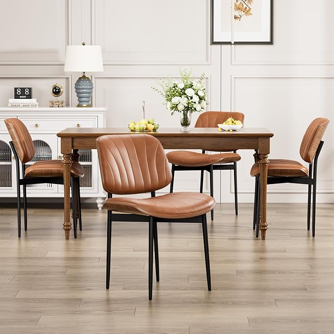 Dining Chairs Set of 6, Dining Room and Kitchen Chairs, Mid Century Modern Accent Chair, Upholstered PU Leather Chairs for Vanity with Walnut Bentwood and Metal Legs, Light Tan