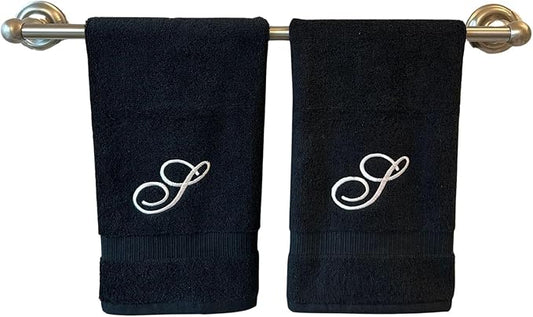 Black Monogrammed Hand Towels for Bathroom - Luxury Hotel Quality Personalized Initial Embroidered Towel for Powder Room, Spa - GOTS Organic Certified - Set of 2 White Letter S