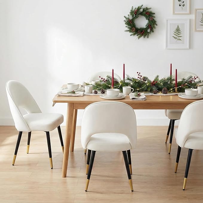LukeAlon Classic Velvet Dining Chairs Set of 4, Upholstered Open Back Kitchen Chairs with Metal Legs Armless Side Chairs Mid Century Dining Chair for Dining Room, Beige