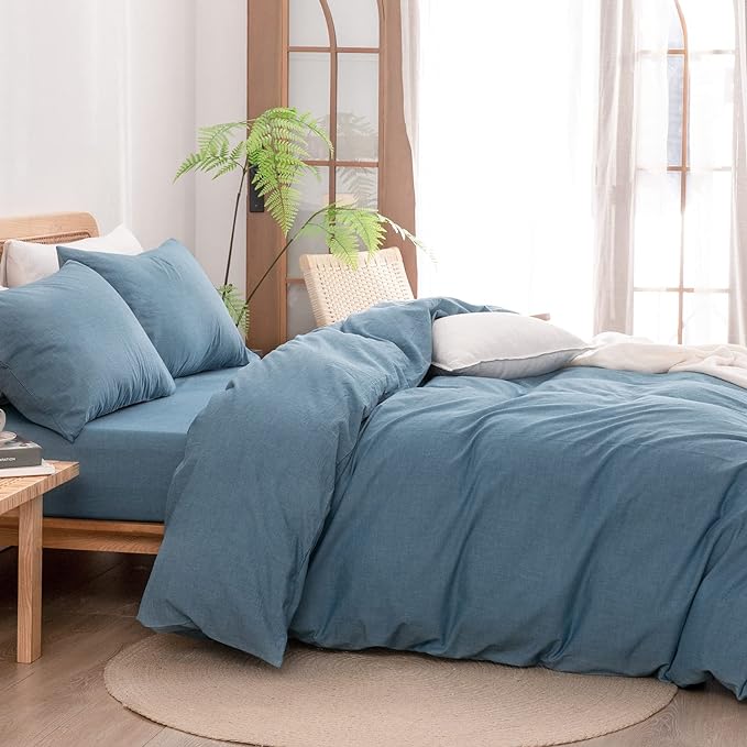 BESTOUCH Duvet Cover Set 100% Washed Cotton Linen Feel Super Soft Comfortable Chic Lightweight 3 PCs Home Bedding Set Solid Dark Blue King