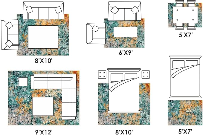 Washable Area Rug for Living Room: 8x10 Modern Abstract Neutral Soft Rug for Bedroom Dining Room No Slip Low Pile Carpet for Nursery Home Office - Teal/Orange