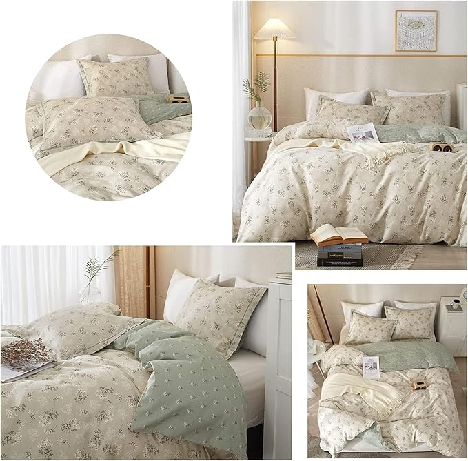LifeTB Boho Floral Duvet Cover Full Cotton Aesthetic Floral Bedding Sets Full Vintage Garden Floral Comforter Cover Beige Sage Green Floral Botanical Duvet Cover with Zipper Closure 4 Ties