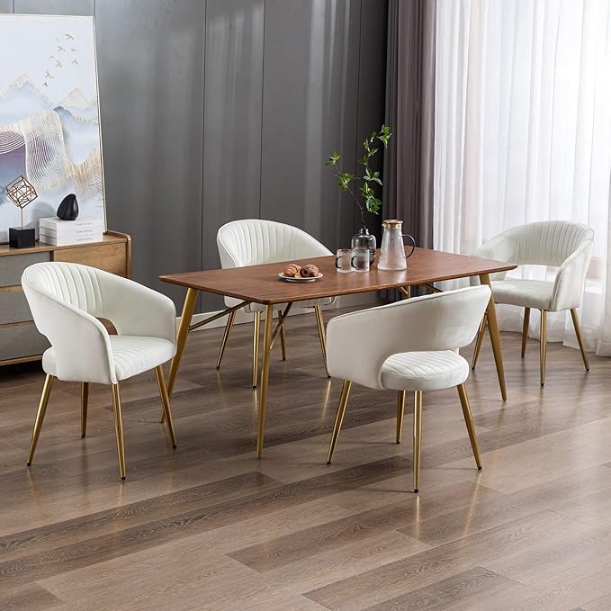 Beige Velvet Dining Chairs Set of 2, Upholstered Gold Dining Chairs with Tufted Back, Modern Dining Room Chairs with Gold Legs, Accent Arm Chairs Kitchen Chairs for Dining Room Reception