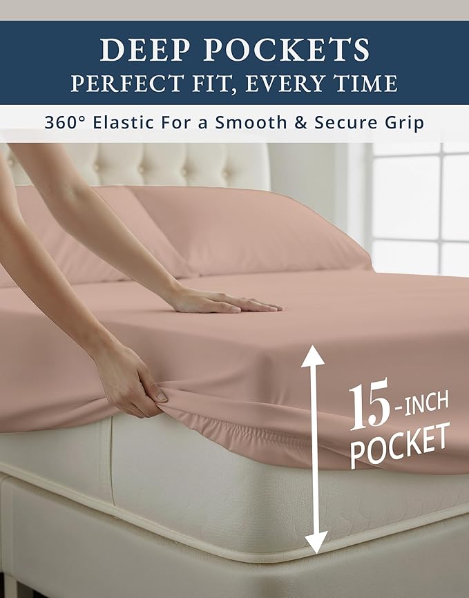 100% Egyptian Cotton Sheets Queen Size - Naturally Cooling & Breathable 4 Piece Silky Sateen Weave Queen Sheet Set, Ultra-Soft & Durable Hotel Luxury Sheets with 15" Snug Fit Deep Pockets - Sepia Rose
